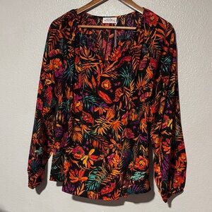 Tropical Floral Blouse with Black and Orange Hues